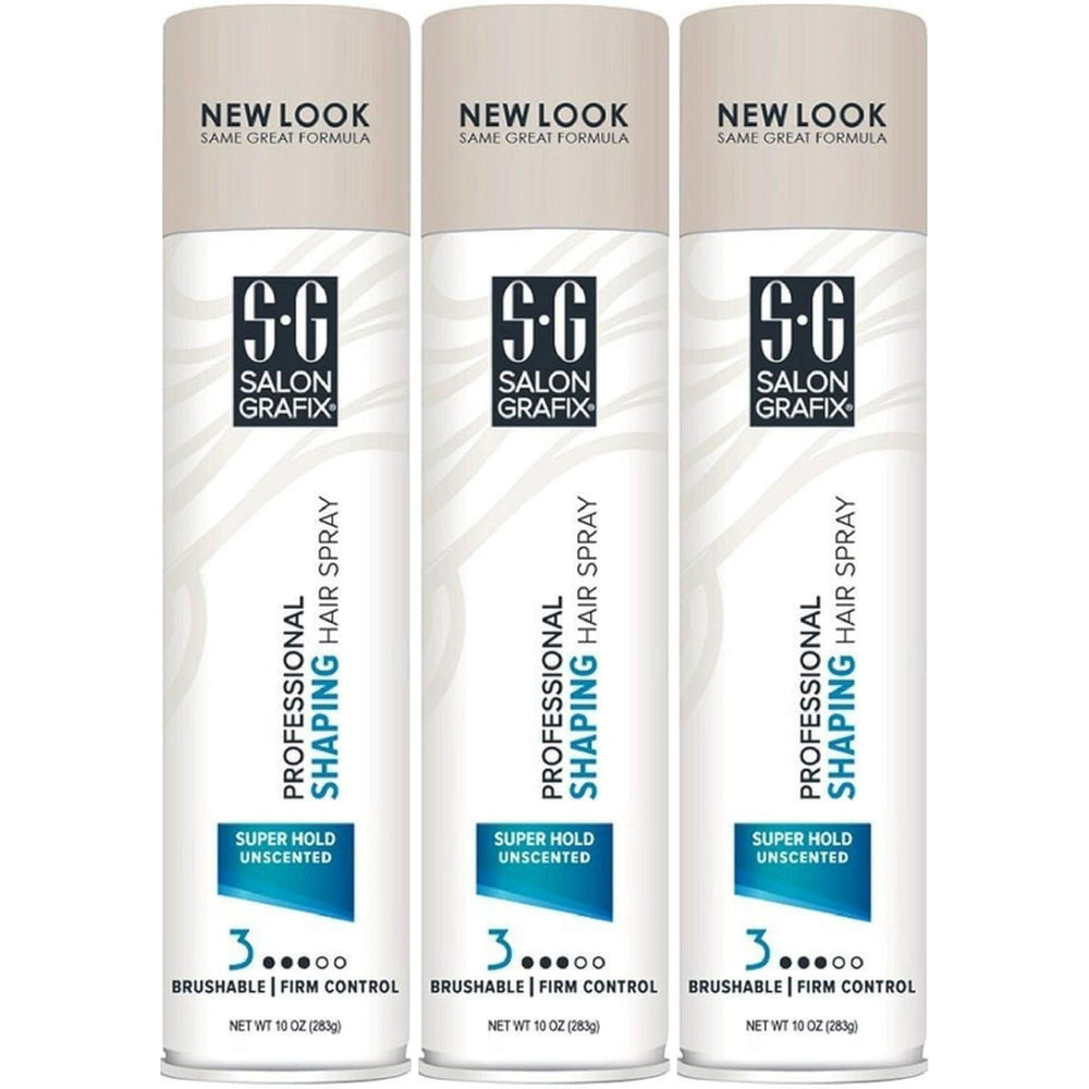 Salon Grafix Unscented Shaping Hair Spray bottle, 3-pack, showcasing all-day hold and touchable finish