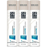 Salon Grafix Unscented Shaping Hair Spray bottle, 3-pack, showcasing all-day hold and touchable finish