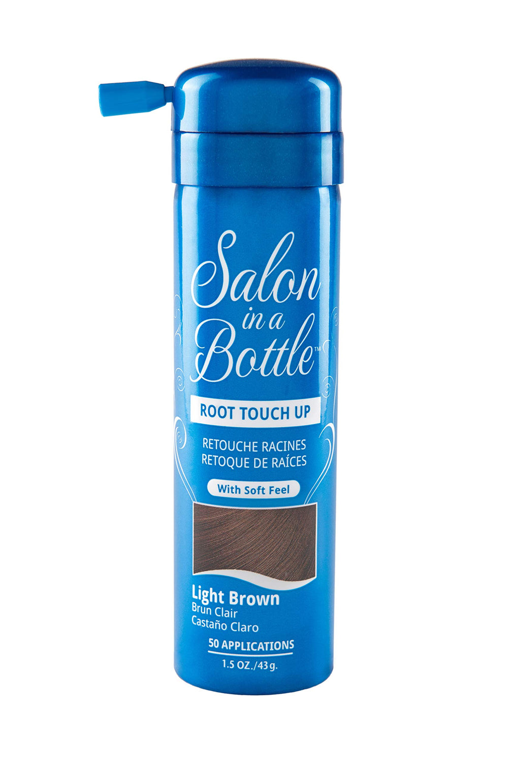 Salon in a Bottle root touch-up light brown spray covers gray roots quickly and naturally.