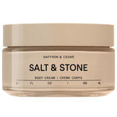 Salt & Stone body cream saffron-cedar jar closeup highlights rich hydration.