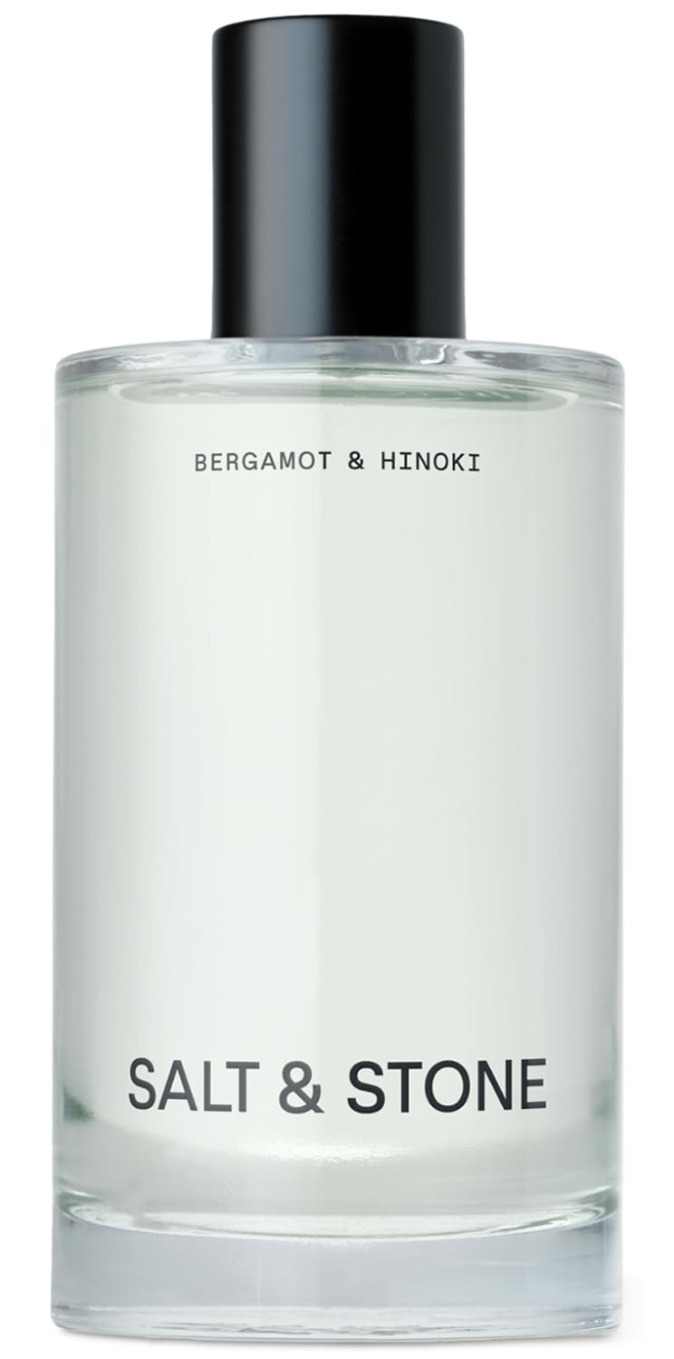 Salt & Stone Body Mist bergamot hinoki bottle highlights crisp citrus woody notes.