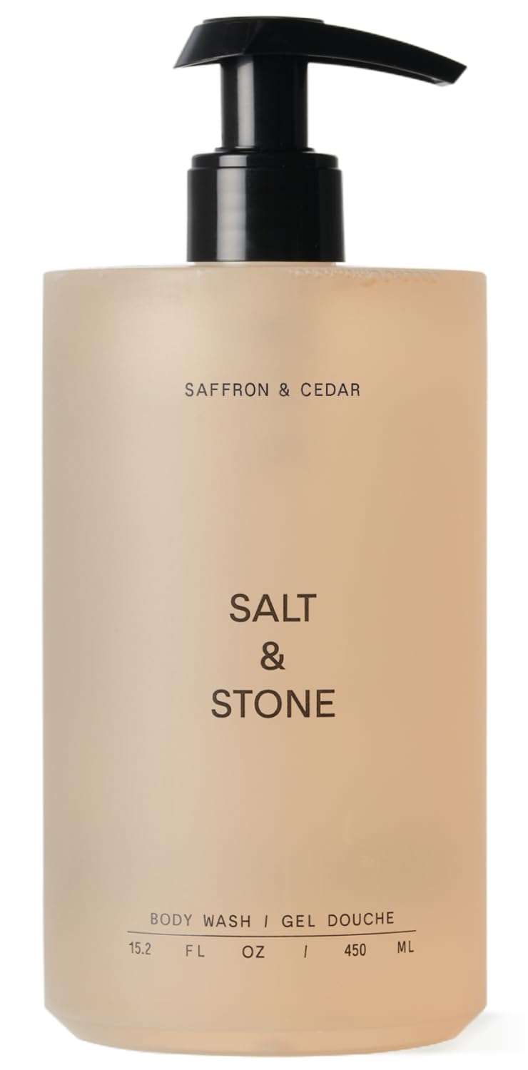 Salt & Stone body wash bottle close-up with hydrating lather for daily skincare.