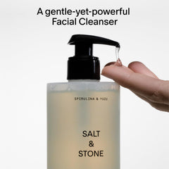 Salt & Stone Facial Cleanser hydration closeup emphasizes hyaluronic acid and squalane.