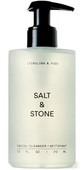 Salt & Stone Facial Cleanser spirulina-yuzu bottle pour showing gentle cleansing and hydration.
