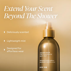 Saltair Body Mist Golden Hour bottle side view highlighting sleek packaging.