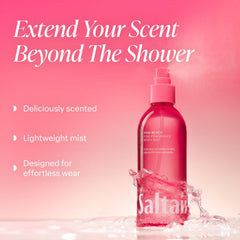 Saltair Body Mist Pink Beach spray demonstrating quick-drying aromatic refresh.