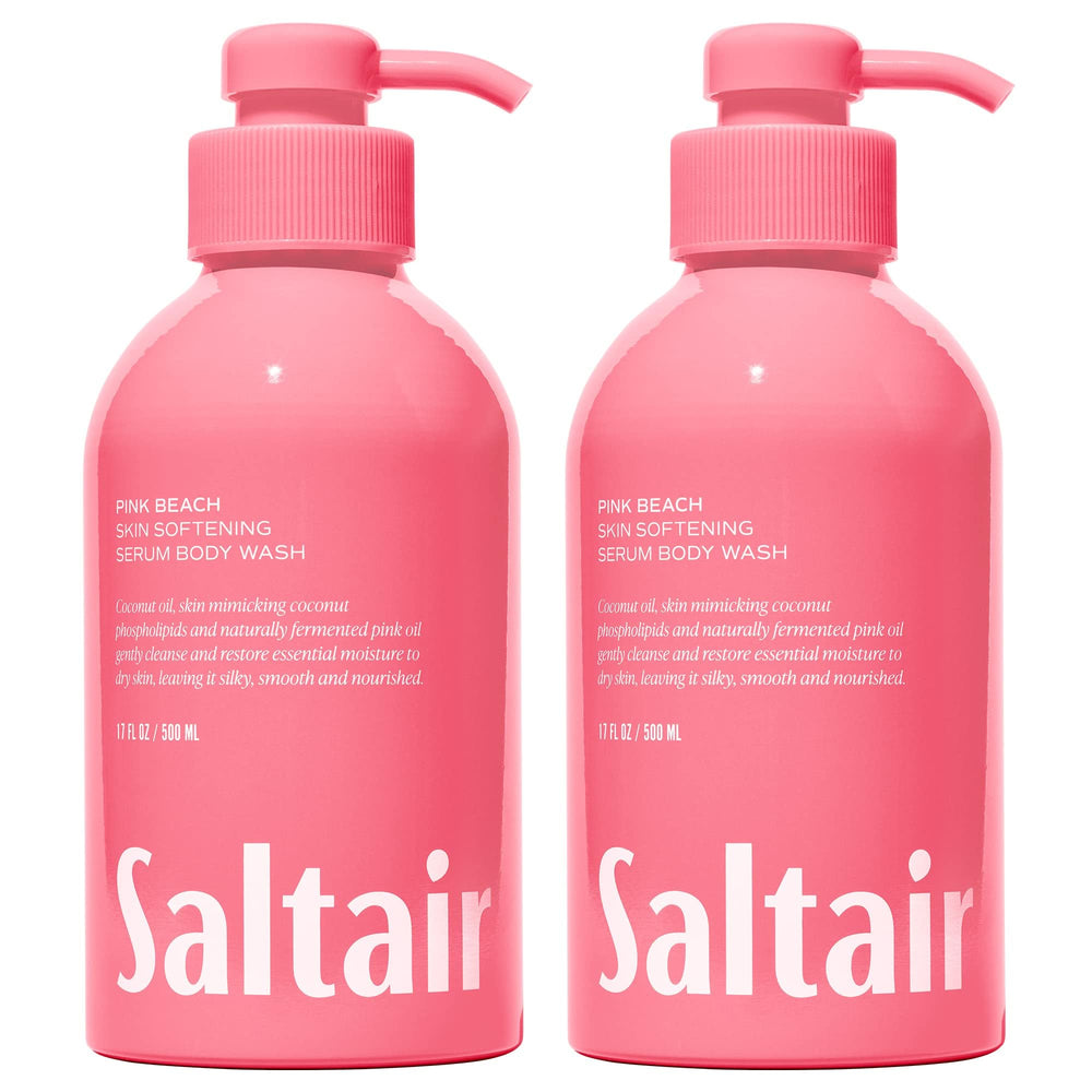 Saltair Pink Beach body wash bottle pump delivers luxurious hydration for soft skin.