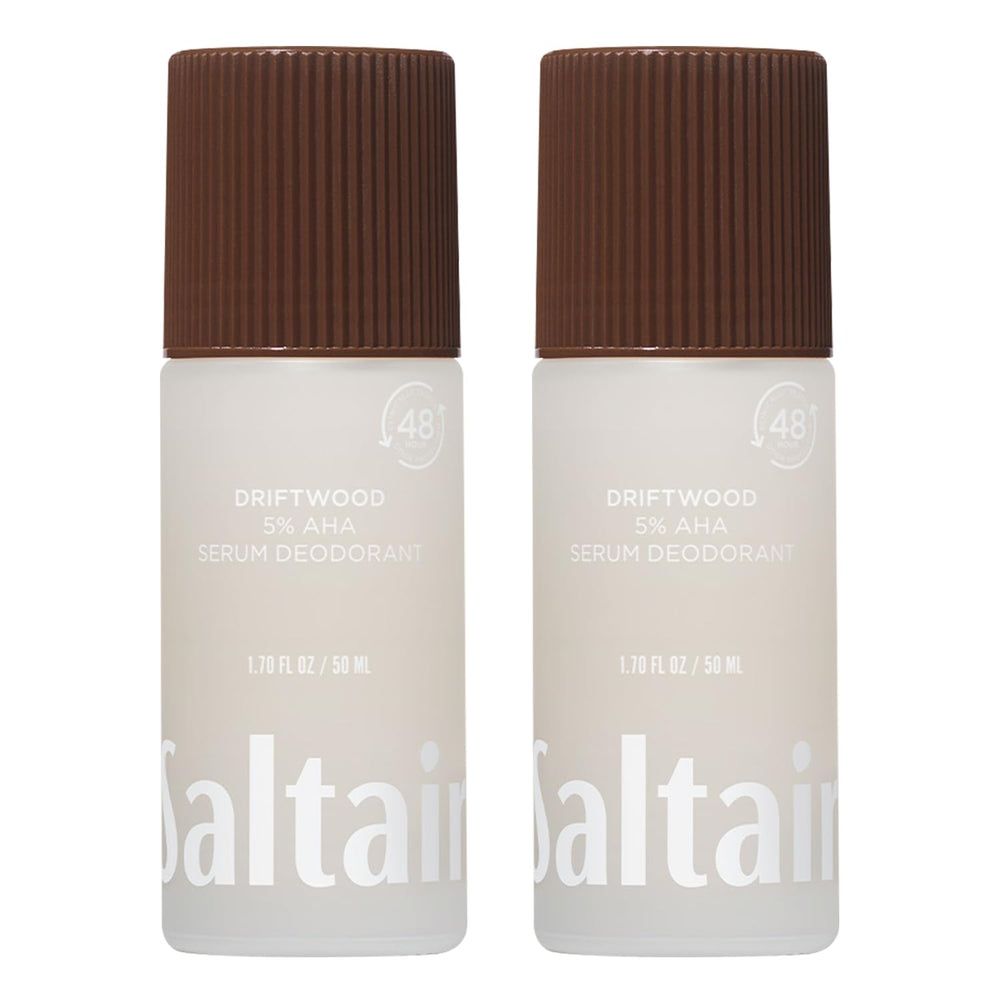 Saltair Serum Deodorant Driftwood Pack shows aluminum-free odor control with 5% AHA benefits.
