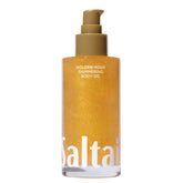 Saltair Shimmering Body Oil Golden Hour bottle gleams with sun-kissed glow for radiant skin.
