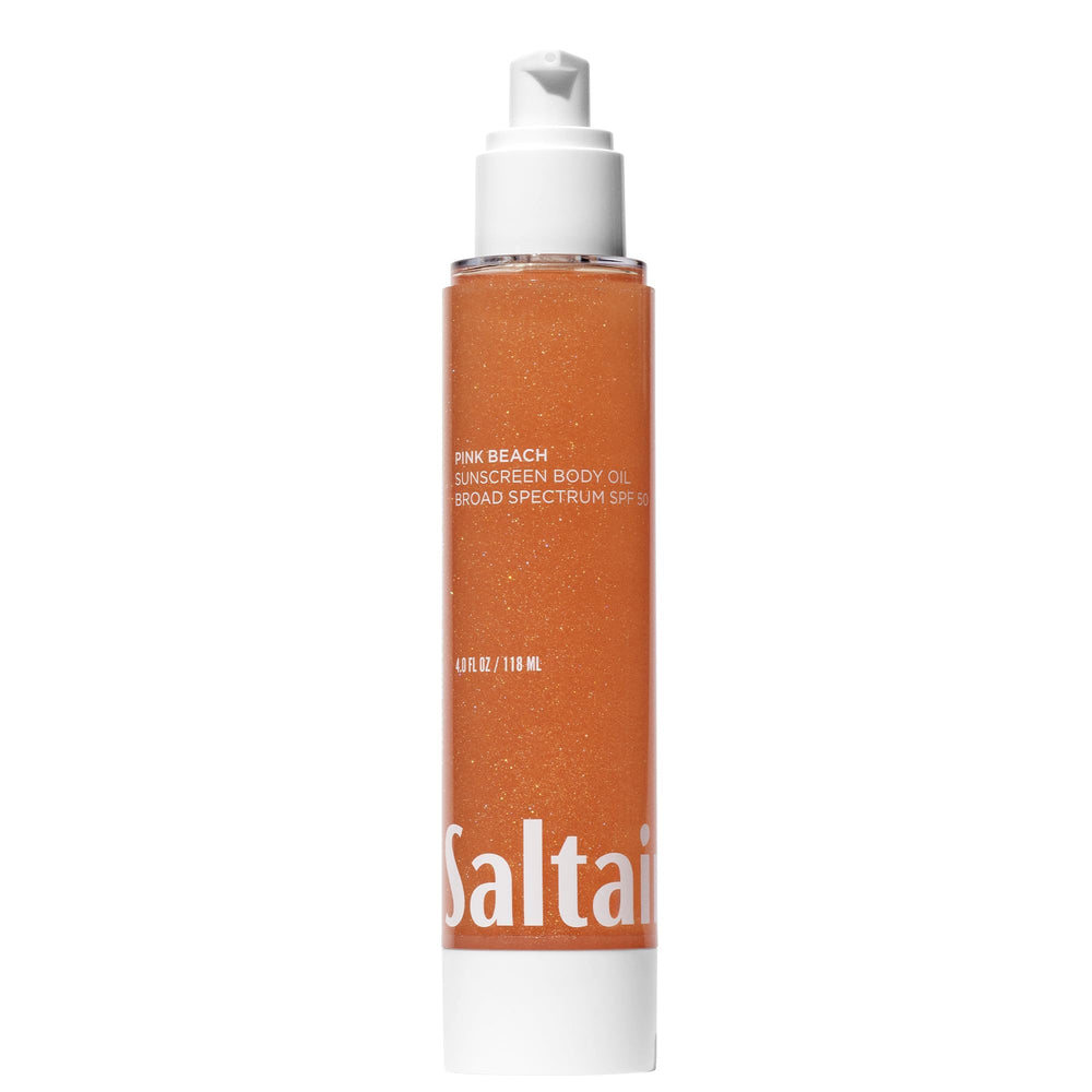 Saltair SPF Body Oil bottle with pump showcasing easy application and skin-friendly protection for daily use.