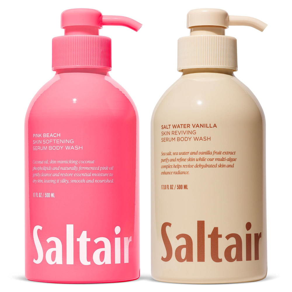 Saltair vanilla coconut and pink beach body wash bottles provide a hydrating daily cleanse.