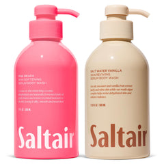 Saltair vanilla coconut and pink beach body wash bottles provide a hydrating daily cleanse.