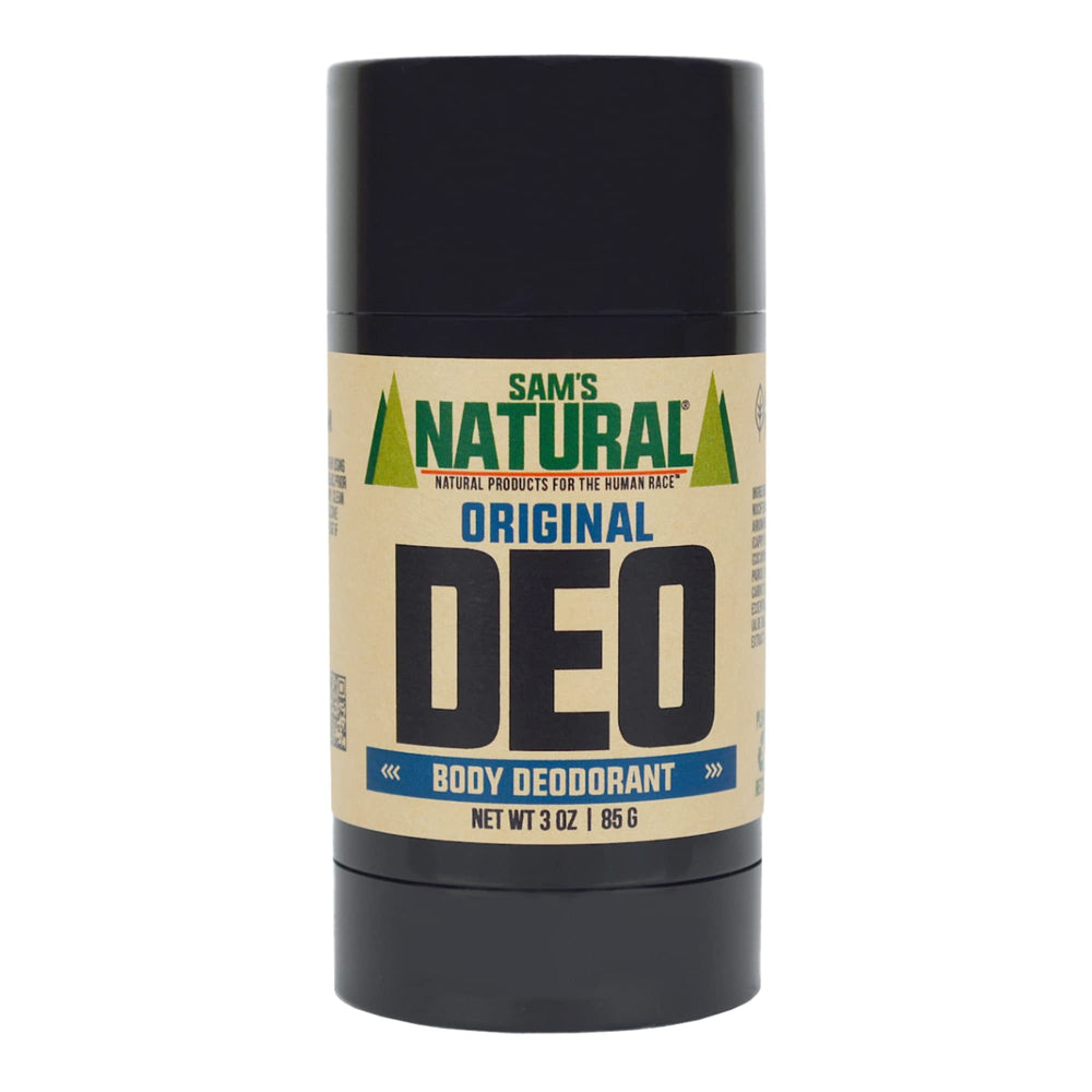 Sam's Natural Deodorant Original packaging shows aluminum-free protection in a recyclable tube.