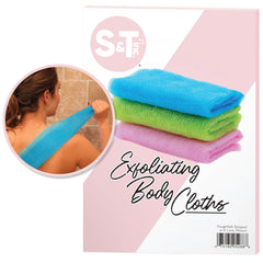 S&T INC back scrubber pink pack setup showing reach for back exfoliation