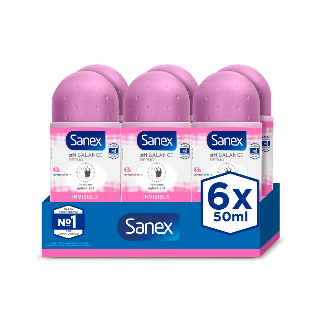 Sanex Deodorant Roll-On Dermo Invisible bottle demonstrates invisible protection against white marks.