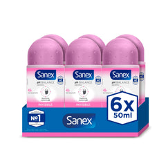 Sanex Deodorant Roll-On Dermo Invisible bottle demonstrates invisible protection against white marks.
