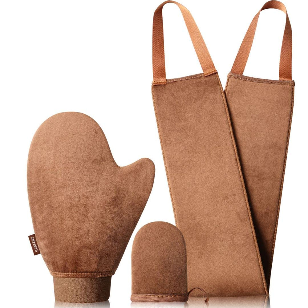 Sanfery 3-pack self-tanning mitt set front view shows velvet texture for smooth, even coverage
