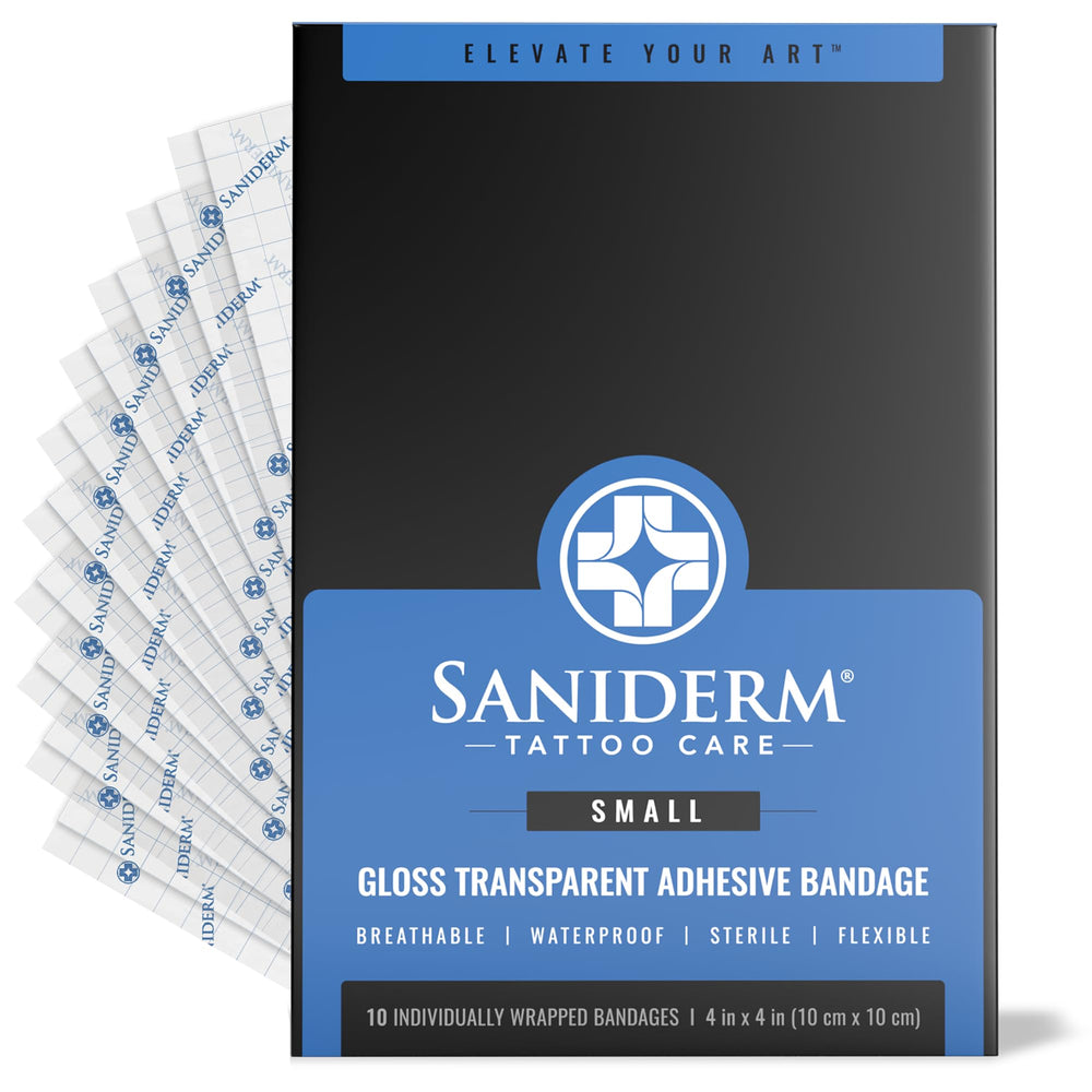 Saniderm Original Gloss Bandage small pack ready for tattoo aftercare.