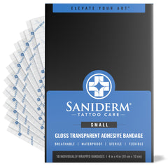 Saniderm Original Gloss Bandage small pack ready for tattoo aftercare.