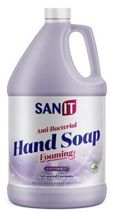 Sanit antibacterial foaming hand soap refill lavender bottle shows the product's packaging and pump