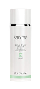 Sanitas Lemon Cream Cleanser bottle demonstrates refreshing vitamin C cleanse for brightening skin.