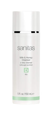Sanitas Milk & Honey Cleanser bottle pour delivers creamy hydration for dry skin.