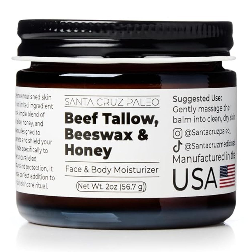 Santa Cruz Paleo beef-tallow face moisturizer bottle delivers deep hydration for dry or sensitive skin.