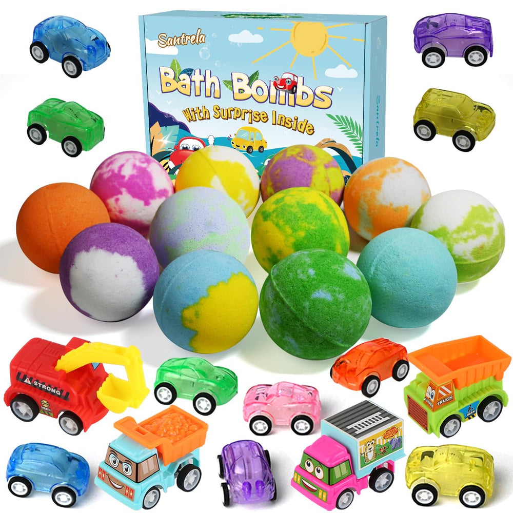 Santrela bath bombs with car toy inside promote fun bath time for kids.