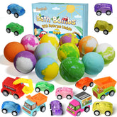 Santrela bath bombs with car toy inside promote fun bath time for kids.