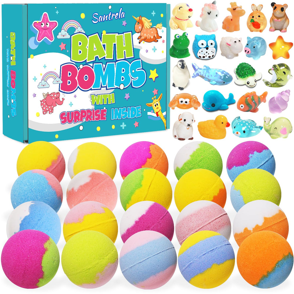 Santrela bath bombs surprise box shows colorful fizz and hidden toys for kids' bath time fun.