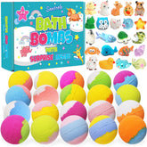Santrela bath bombs surprise box shows colorful fizz and hidden toys for kids' bath time fun.