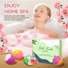 Santrela lavender honeysuckle scent bath bomb offers calming fragrance for stress-relief aromatherapy ritual.