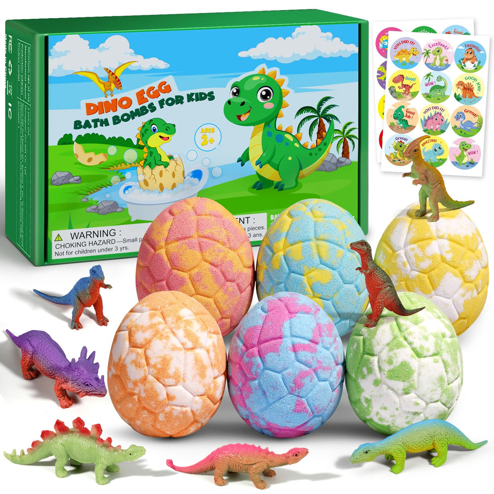 Sanyi dino-egg bath-bomb-pack reveals a toy inside for bath-time surprise.