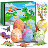 Sanyi dino-egg bath-bomb-pack reveals a toy inside for bath-time surprise.