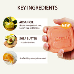 SAPHUS Argan Oil Bar Shampoo close-up showing rich lather for nourishing strands.