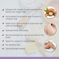 SATIN SMOOTH Honey Wax bottle image conveys premium ingredients like Argan Oil for sensitive skin.