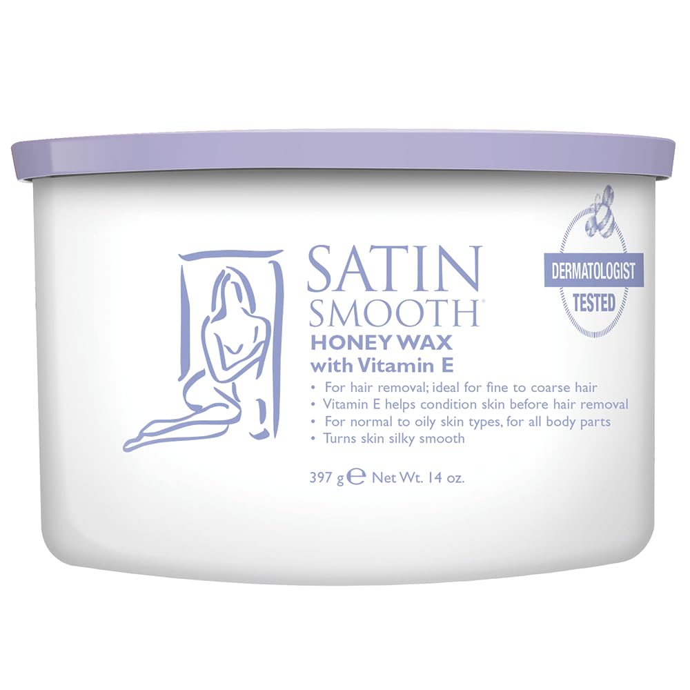 SATIN SMOOTH Honey Wax packaging and 14oz jar for at-home waxing.