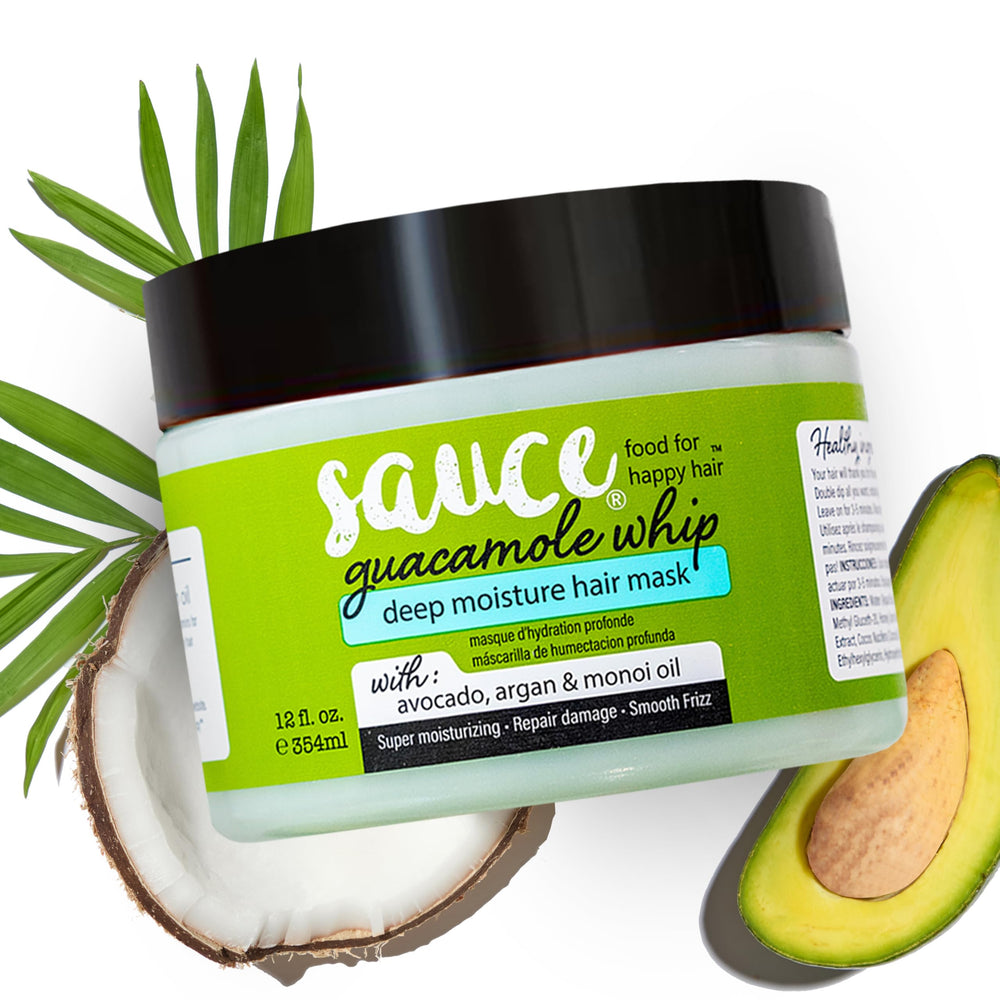Sauce Beauty Guacamole Whip bottle close-up, rich conditioning for all hair types.