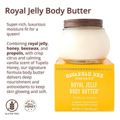 Honey and propolis rich ingredients showcased in Savannah Bee body butter bottle