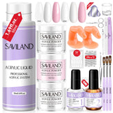 SAVILAND acrylic nail kit contents show a beginner-friendly home manicure setup.
