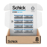 Schick Hydro Dry Skin refills packshot shows durable blades for long-lasting shaves
