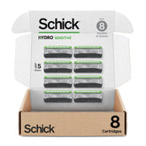 Schick Hydro Sensitive Razor Refills front view highlights aloe-infused cushioning for a gentle shave.