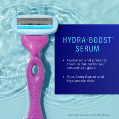 Schick Hydro Silk Hydra-Boost Serum drops highlight moisturizing glide.