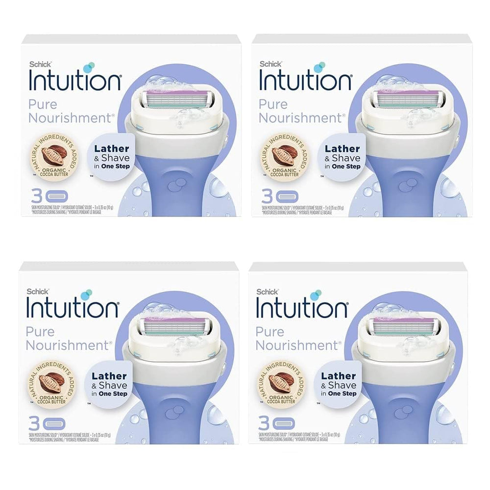 Schick Intuition Pure Nourishment refills pack shows 12 cartridges for easy shaving