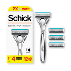Schick Quattro Titanium razor handle with ergonomic grip for precise shaving control.