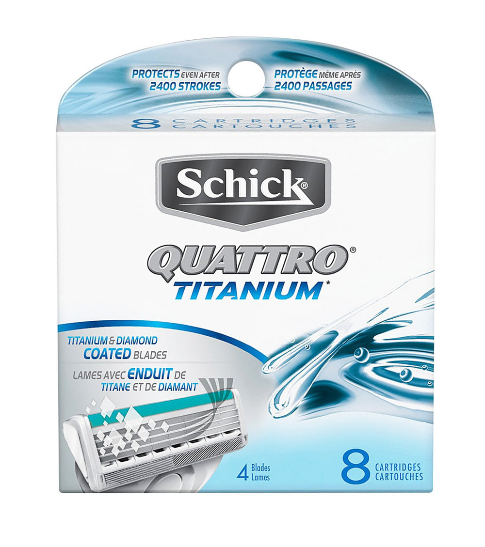 Schick Quattro titanium refill pack close-up for smooth shave