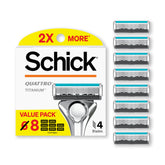 Schick Quattro Titanium refills show an 8-cartridge pack for a close, durable shave.