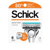 Schick Quattro Titanium refills blade closeup highlighting four titanium-coated blades for a smooth shave.