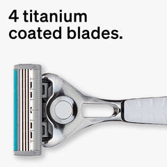 Schick Quattro Titanium refills lubricating strip showcased with Aloe and Vitamin E for glide.