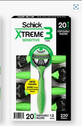 Schick Xtreme 3 Sensitive Skin razor shown from front, offering close shave with Aloe comfort.